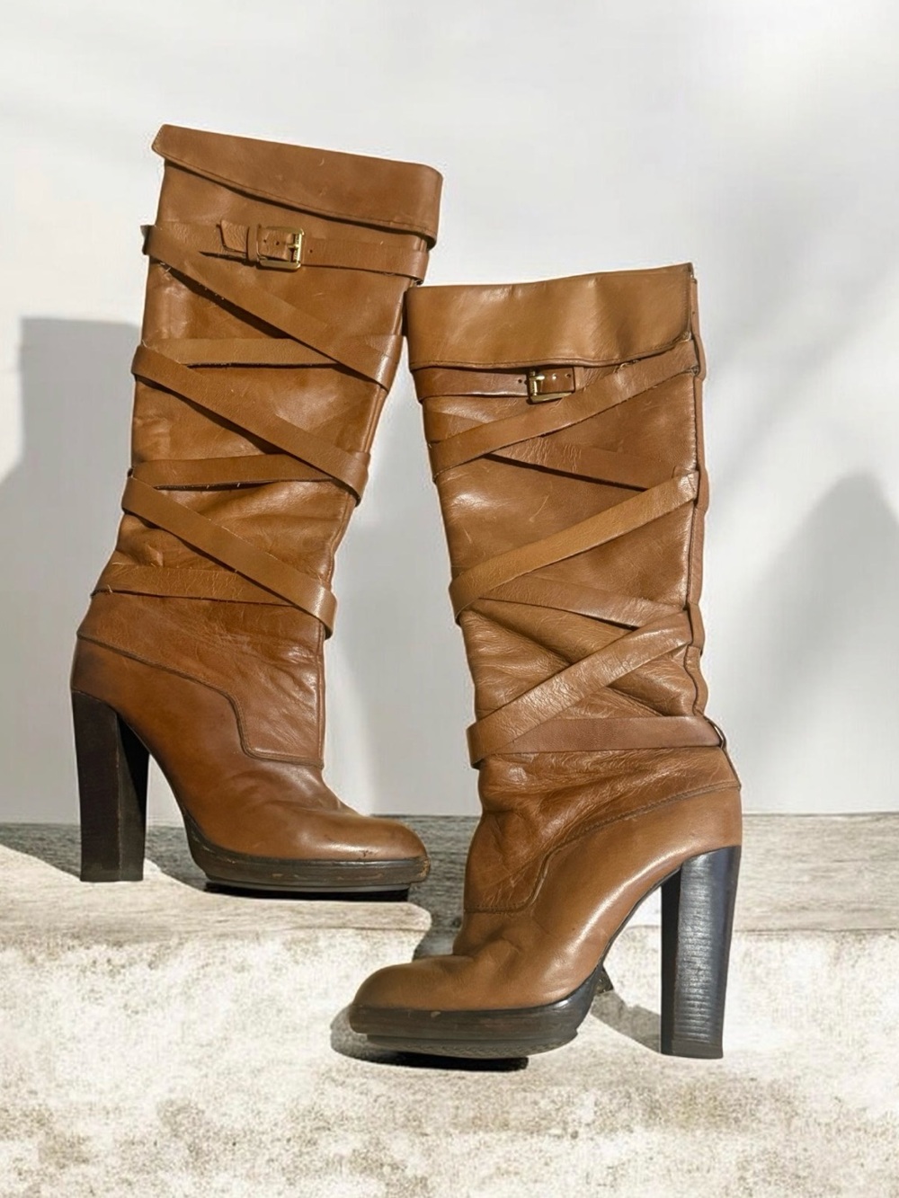 Michael Kors Cognac Wrap-Strap High Heel Boots